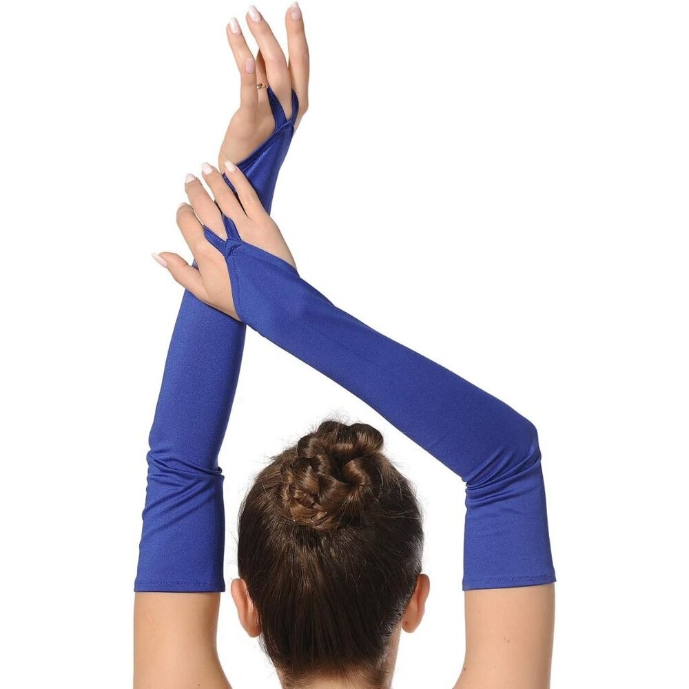 Women's Royal Blue Finger Loop Fingerless Elbow Length Long Satin Gloves Cosplay
